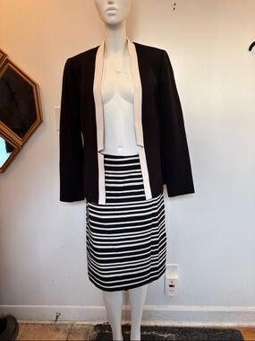 Kasper Black and White Striped Skirt Set with Cream Trim
